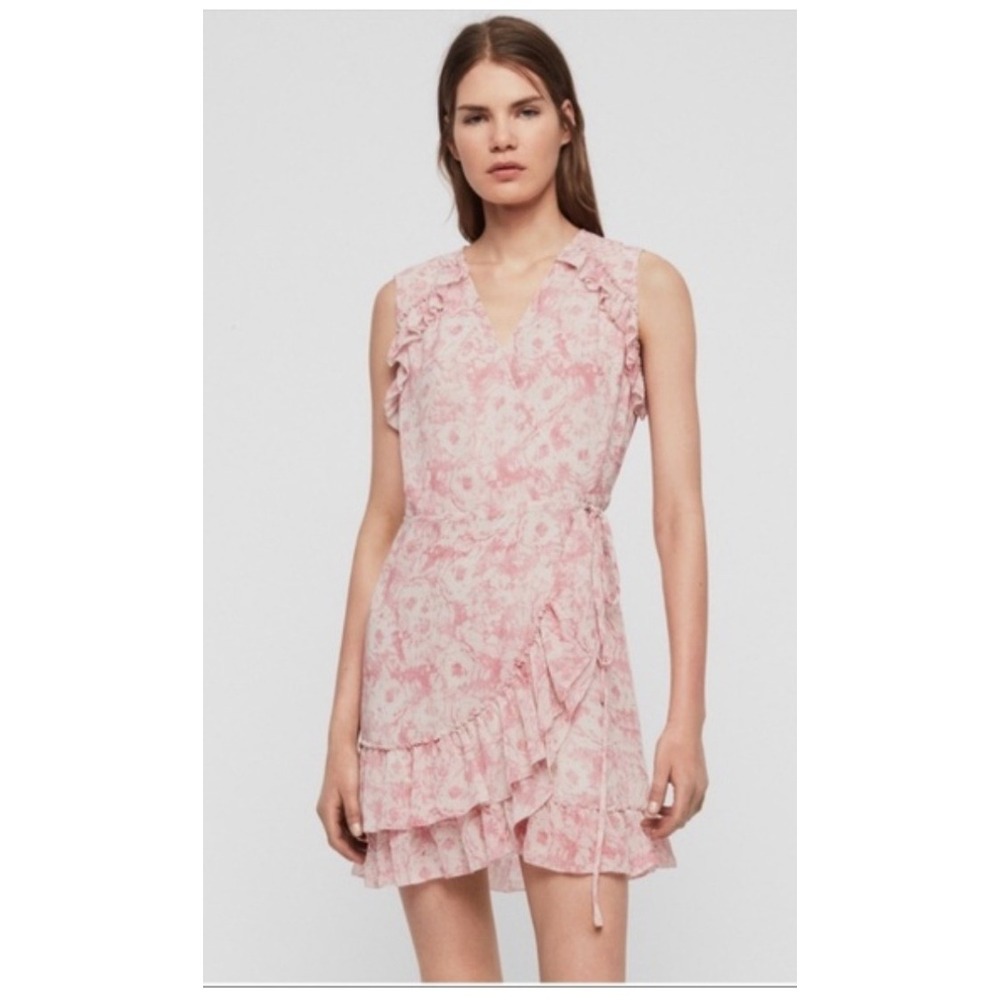 AllSaints Floral Ruffle Mini‎ Dress Sleeveless Wrap Pink Small